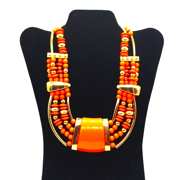 NEW Lane Bryant Orange Statment Bib Necklace with Simulated bead in Gold - Picture 2 of 3